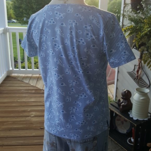 LIZ CLAIBORNE ♡ Sweet Vintage Blue|White Floral Box Pattern Short Sleeve Top SP - Picture 11 of 16